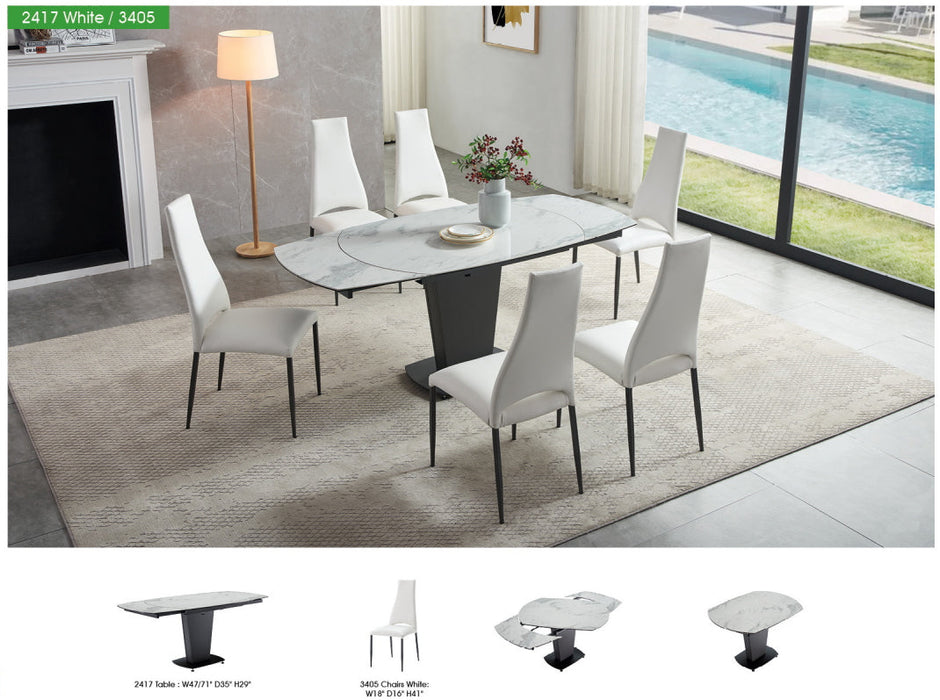 2417 Marble Table White With 3405 White Chairs Set - Lara Furniture