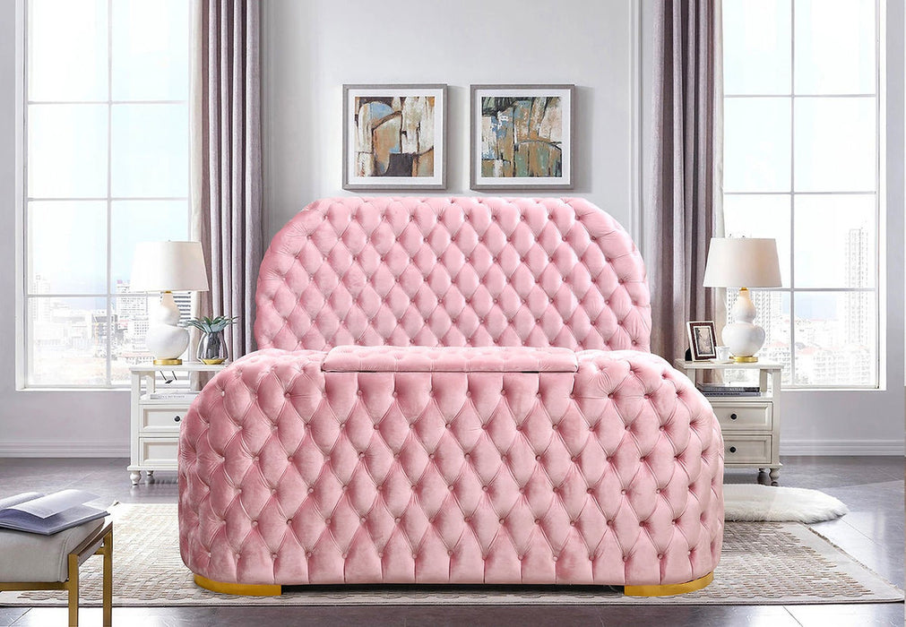 Blaze Pink Velvet TV Fireplace Queen Platform Bed