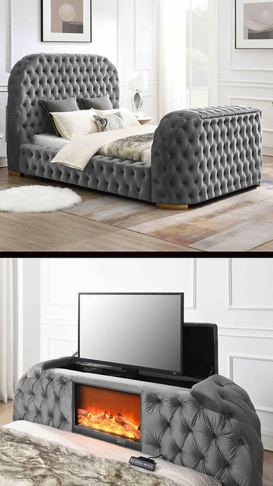 Blaze Gray Velvet TV Fireplace Queen Platform Bed