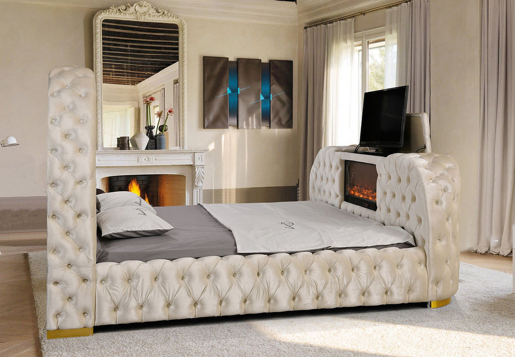 Blaze Cream Velvet TV Fireplace King Platform Bed