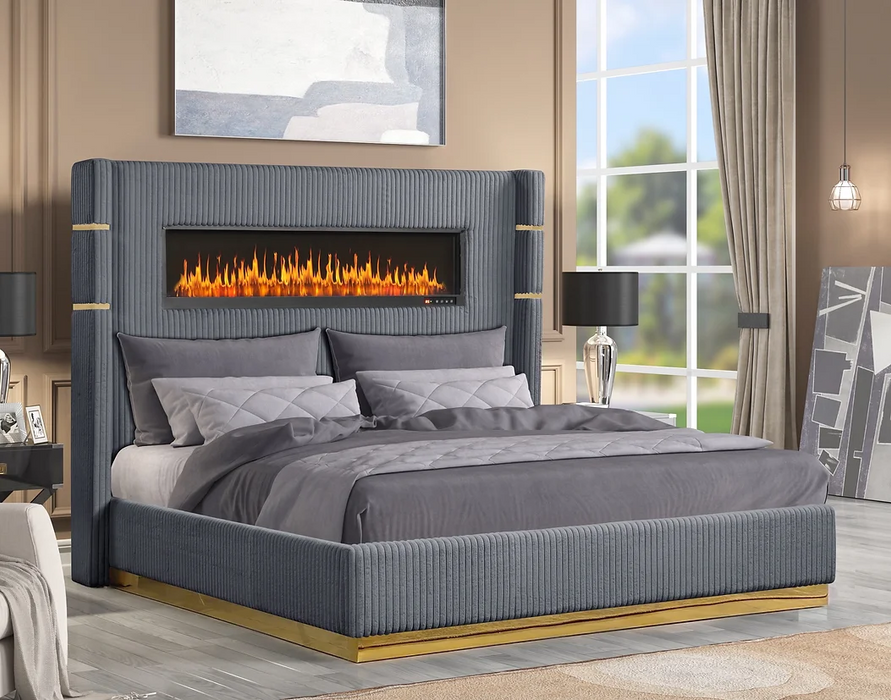 Ember Gray & Gold Fireplace Queen Upholstered Bed