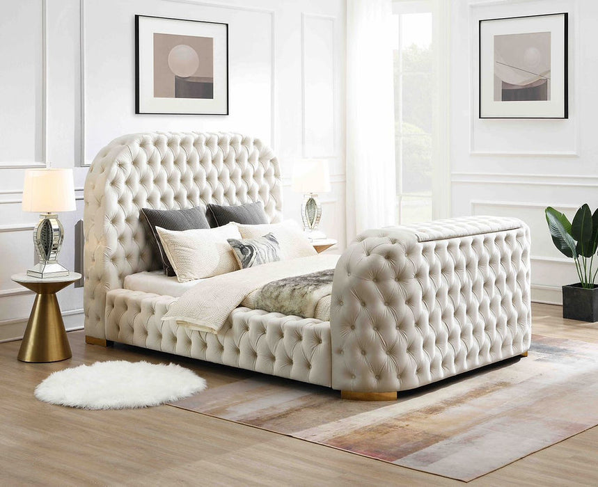 Blaze Cream Velvet TV Fireplace King Platform Bed