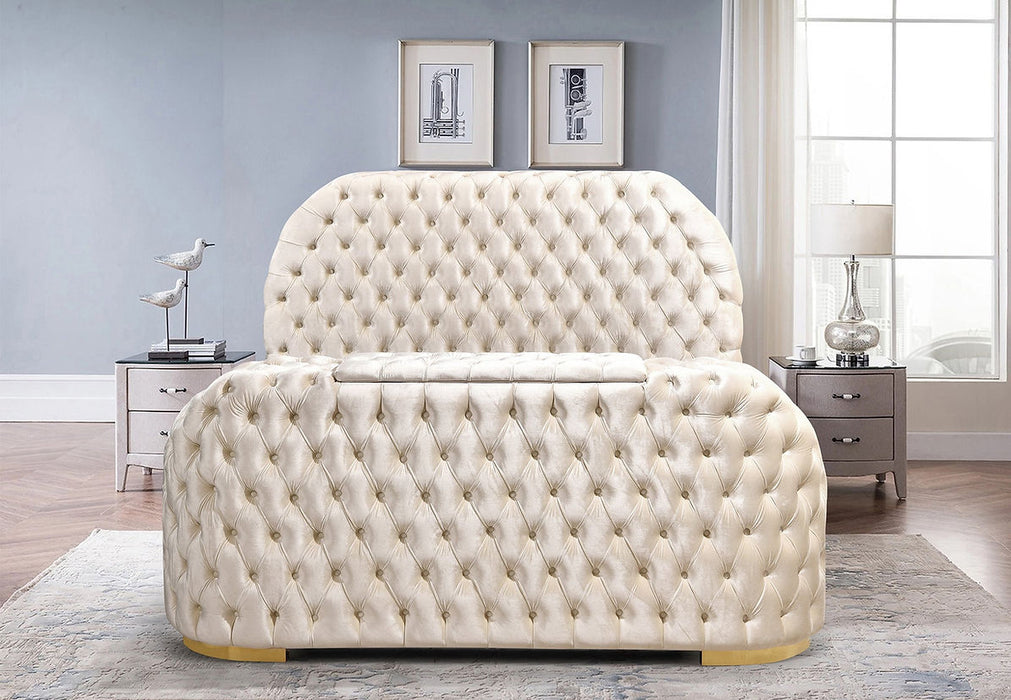 Blaze Cream Velvet TV Fireplace King Platform Bed