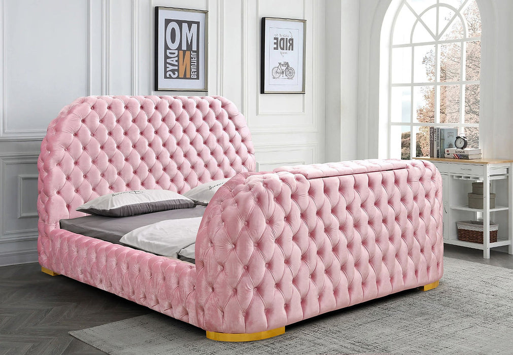 Blaze Pink Velvet TV Fireplace Queen Platform Bed