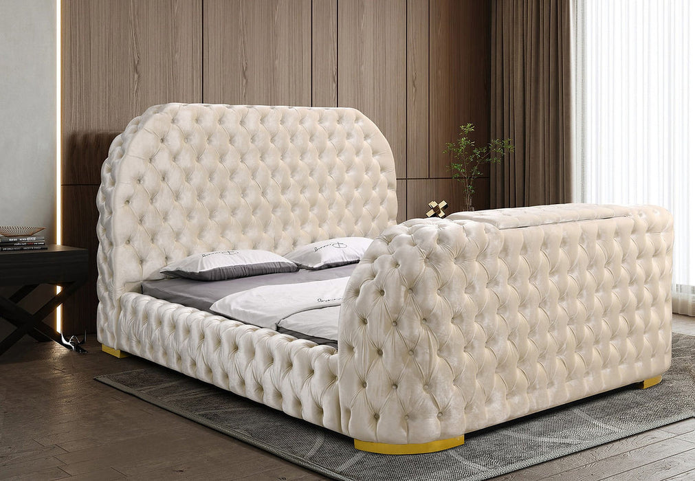 Blaze Cream Velvet TV Fireplace King Platform Bed