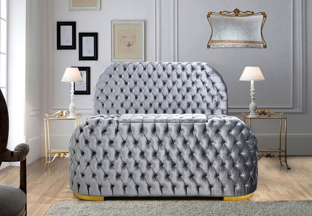 Blaze Gray Velvet TV Fireplace Queen Platform Bed