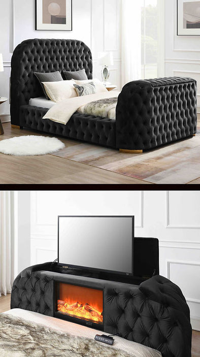 Blaze Black Velvet TV Fireplace King Platform Bed