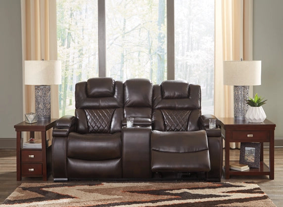 Warnerton Chocolate Power Reclining Loveseat with Console