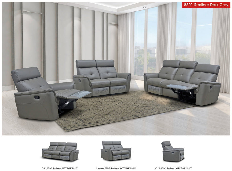 8501 Dark Grey W/Manual Recliner Set - Lara Furniture