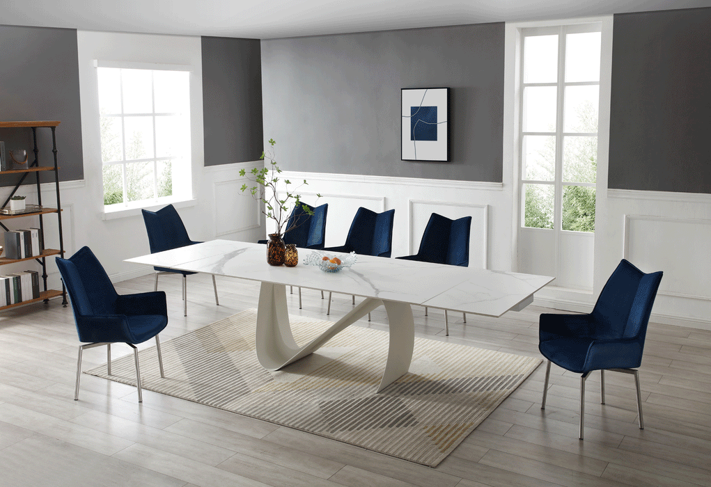 9087 Table White With 1218 Swivel Blue Chair Set - Lara Furniture