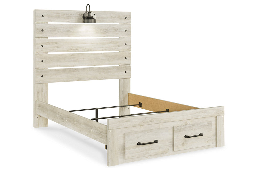 Cambeck Whitewash Full Panel Bed with 2 Storage Drawers