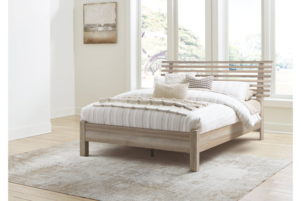 Hasbrick Tan Queen Slat Platform Bed -  Ashley - Lara Furniture