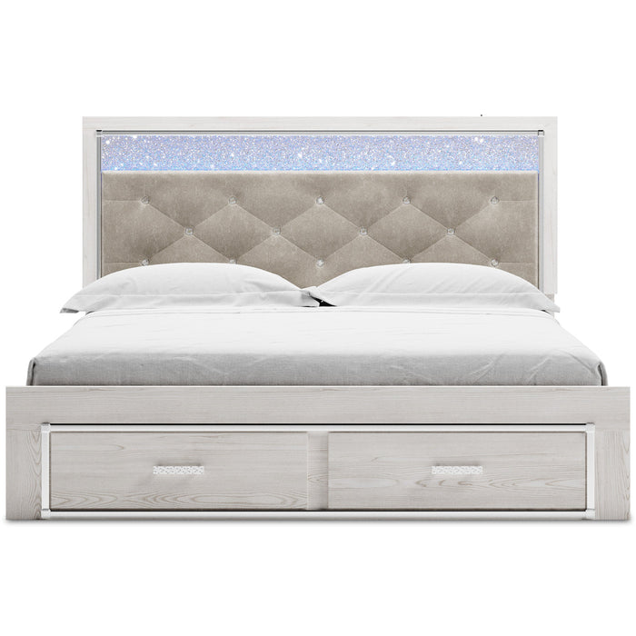 Altyra White LED Upholstered Footboard Storage Platform Bedroom Set