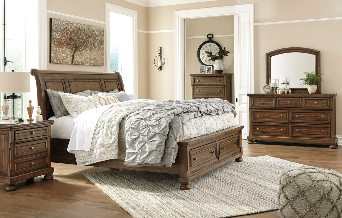 Flynnter Medium Brown Footboard Storage Sleigh Platform Bedroom Set