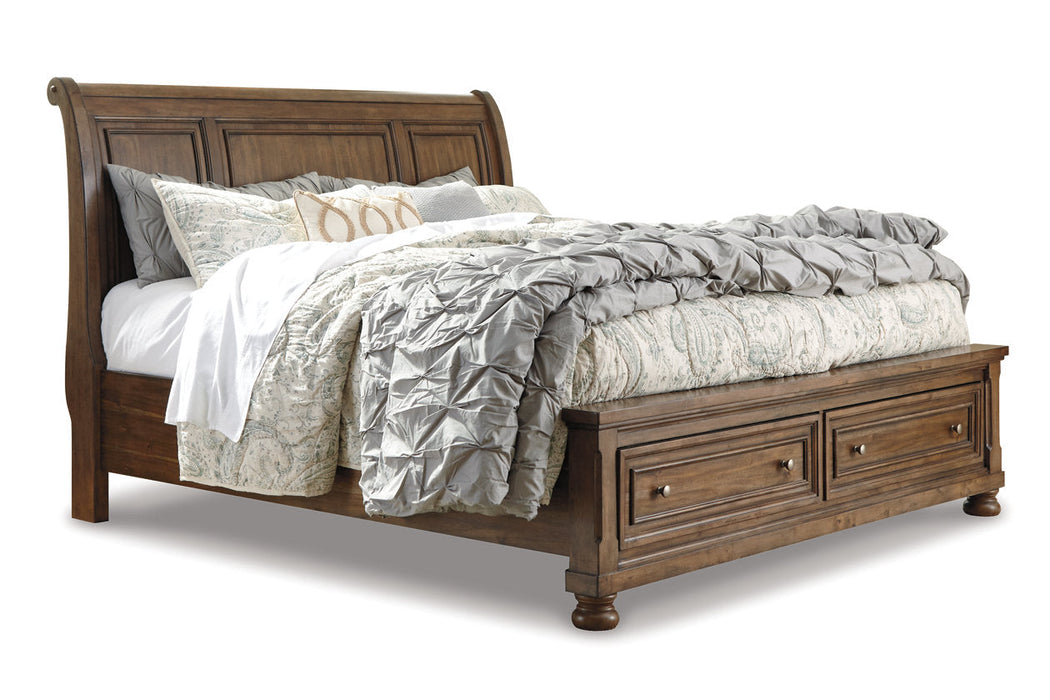 Flynnter Medium Brown Queen Sleigh Bed with 2 Storage Drawers