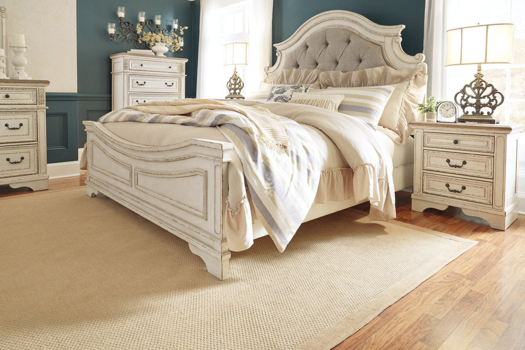 Realyn Chipped White King Upholstered Panel Bed