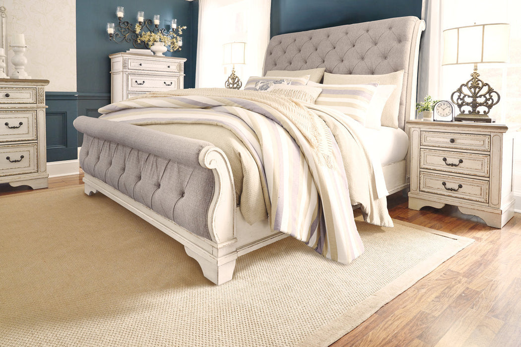 Realyn Chipped White Queen Sleigh Bed -  Ashley - Lara Furniture