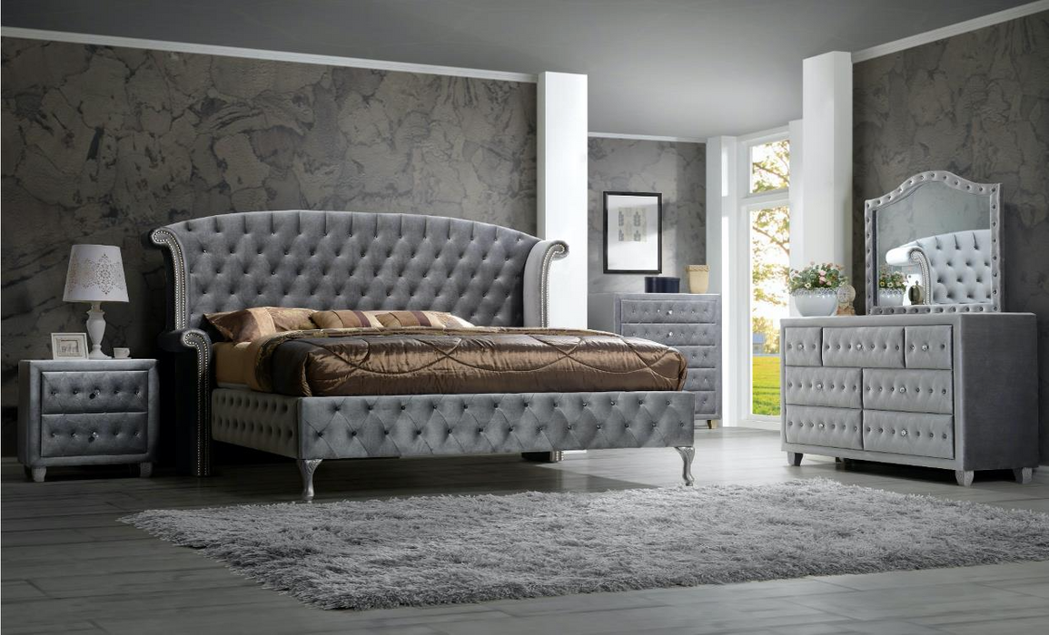 Stylish Dana Gray Upholstered Velvet Queen Panel Bedroom Set