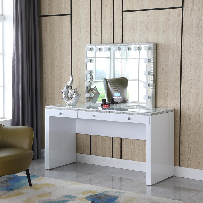 White Stylish Vanity Desk W/ Bluetooth Hollywood Mirror