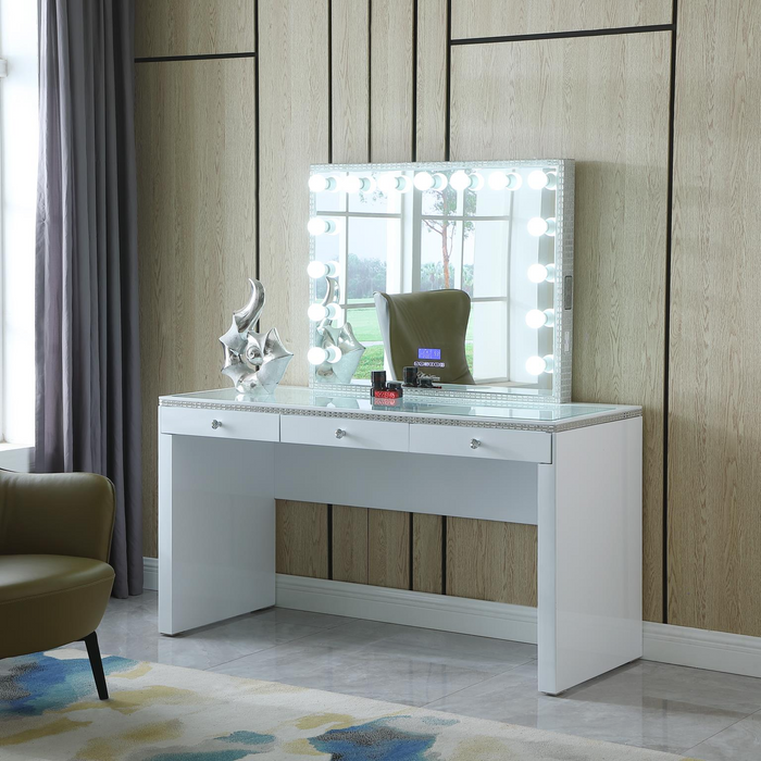 White Stylish Vanity Desk W/ Bluetooth Hollywood Mirror