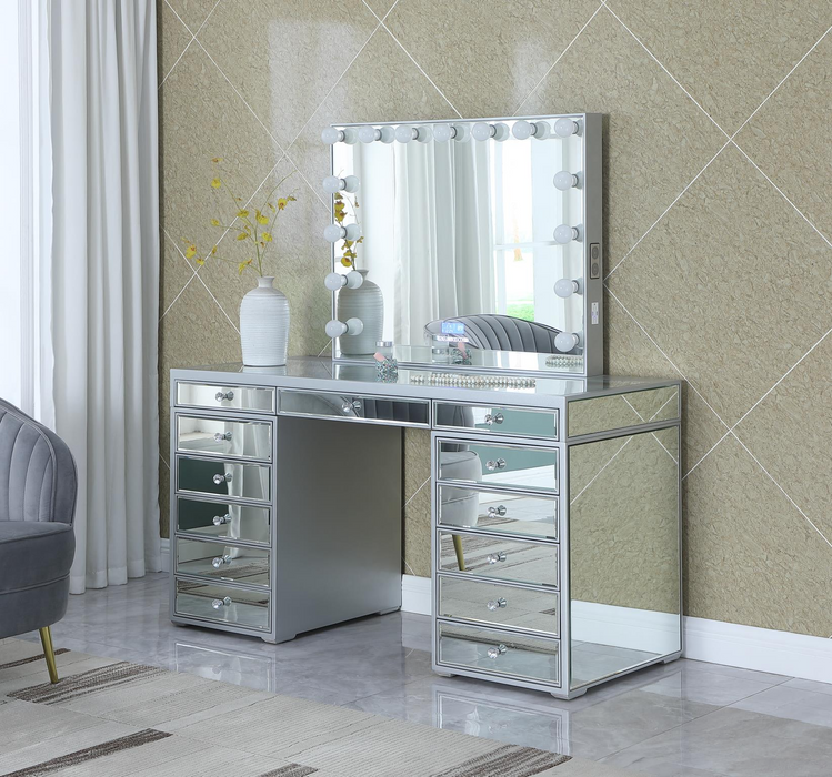 Silver Vanity Desk W/ Bluetooth Hollywood Mirror