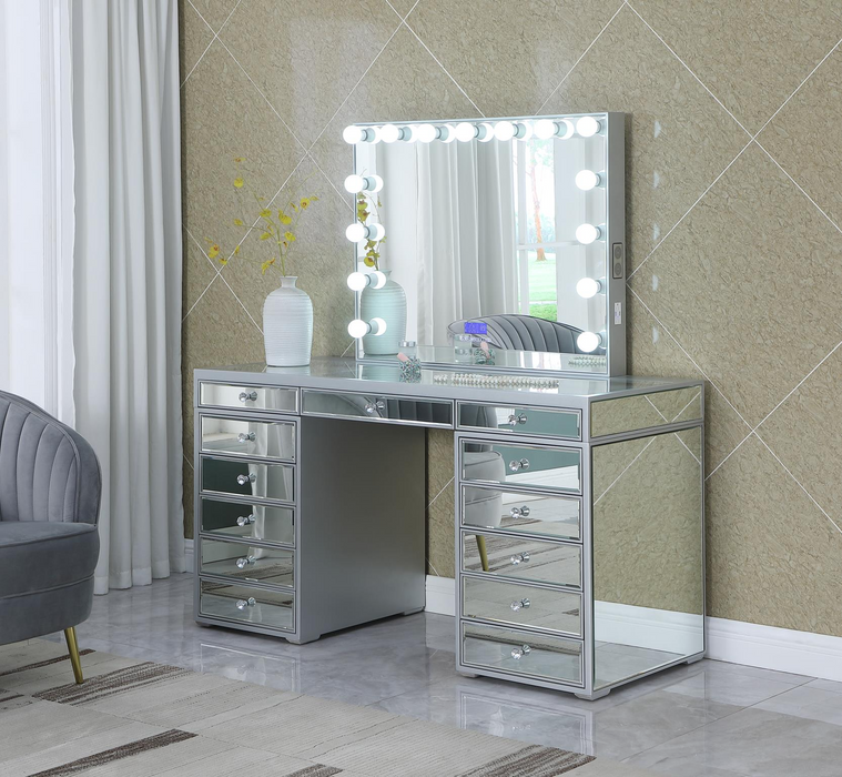 Silver Vanity Desk W/ Bluetooth Hollywood Mirror