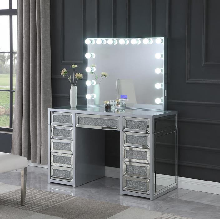 Silver Gray Vanity Desk W/ Bluetooth Hollywood Mirror