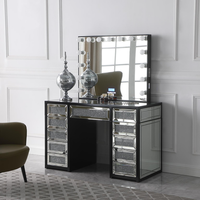 Black & Gray Vanity Desk W/ Bluetooth Hollywood Mirror