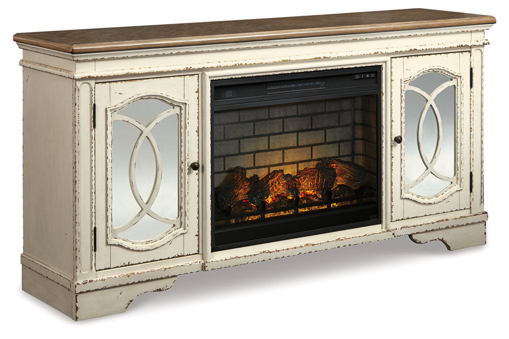 Realyn Chipped White 74" TV Stand with Electric Fireplace