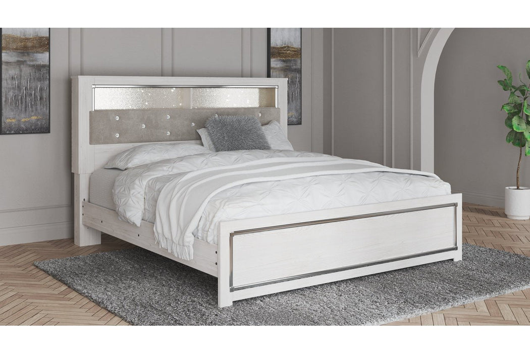 Altyra White Upholstered Bookcase LED King Panel Bed - Lara Furniture