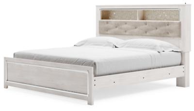 Altyra White Upholstered Bookcase LED Queen Panel Bed - Lara Furniture