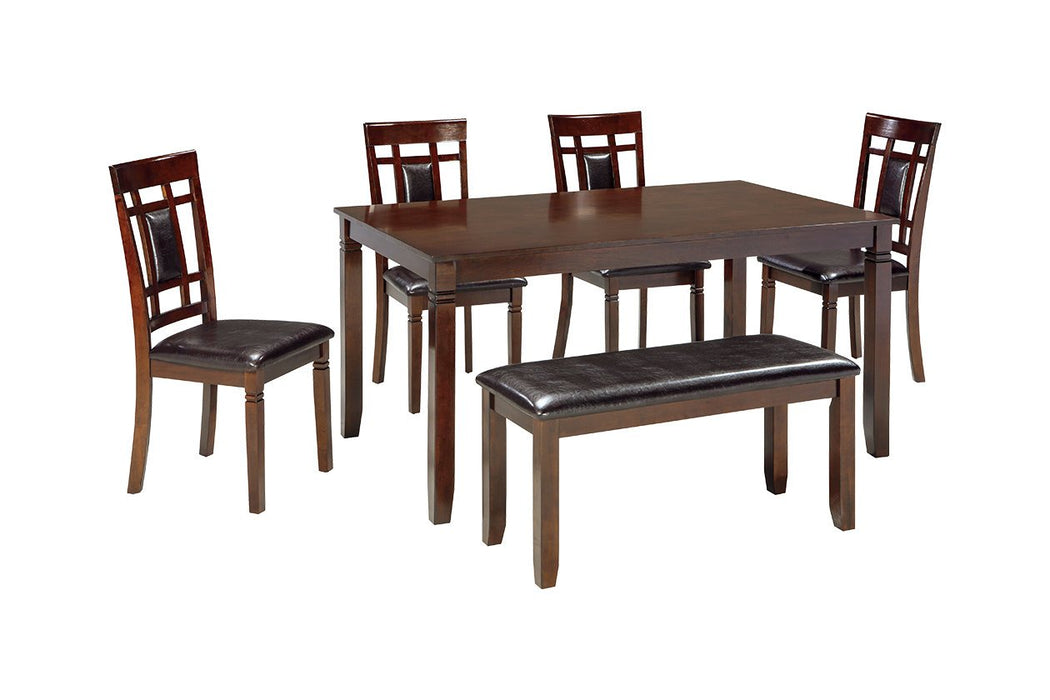 Bennox Brown Dining Table and Chairs with Bench (Set of 6) - D384-325 - Lara Furniture