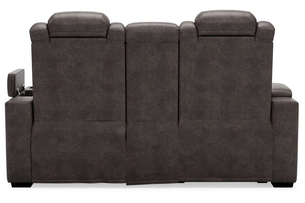 HyllMont Gray Power Reclining Loveseat with Console - 9300318 - Lara Furniture