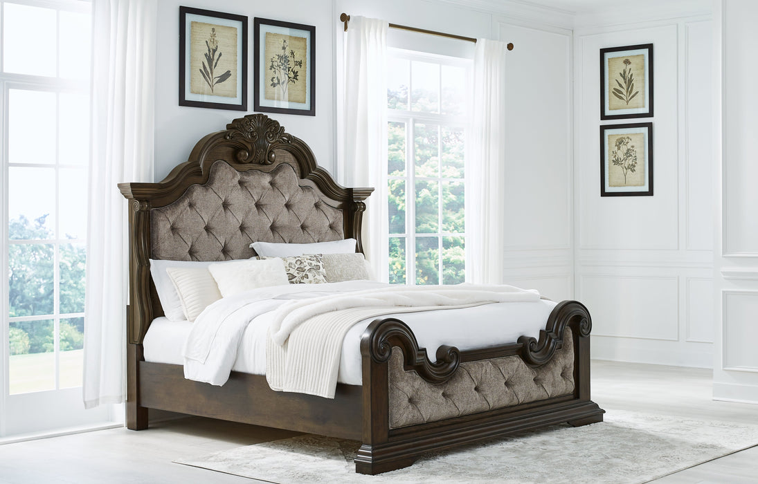 Maylee King Upholstered Bed with Dresser and Nightstand in Dark Brown - PKG019201