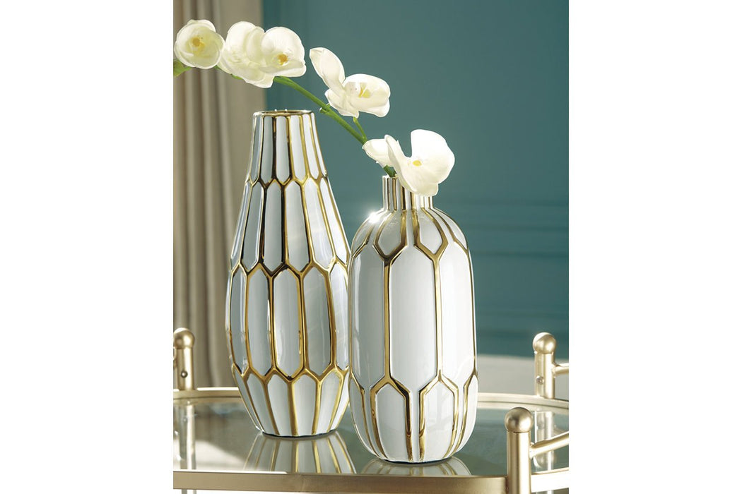 Mohsen Gold Finish/White Vase (Set of 2) - A2000135 - Lara Furniture