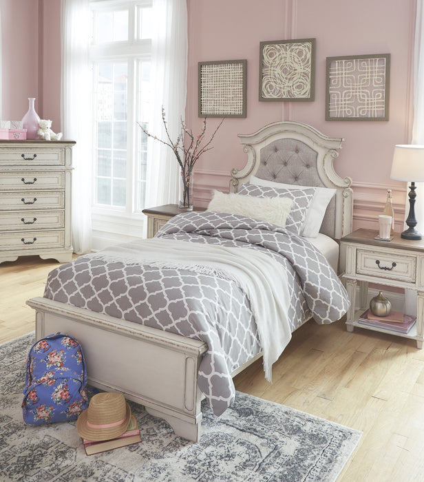 Realyn Chipped White Twin Upholstered Bed - Lara Furniture