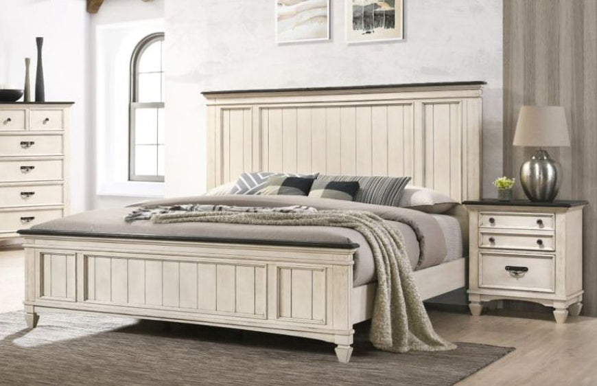 Sawyer Antique White-Brown King Panel Bed - Lara Furniture