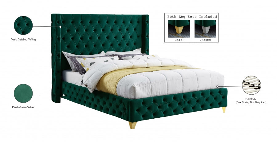 Savan Velvet / Wood / Foam Green King Bed