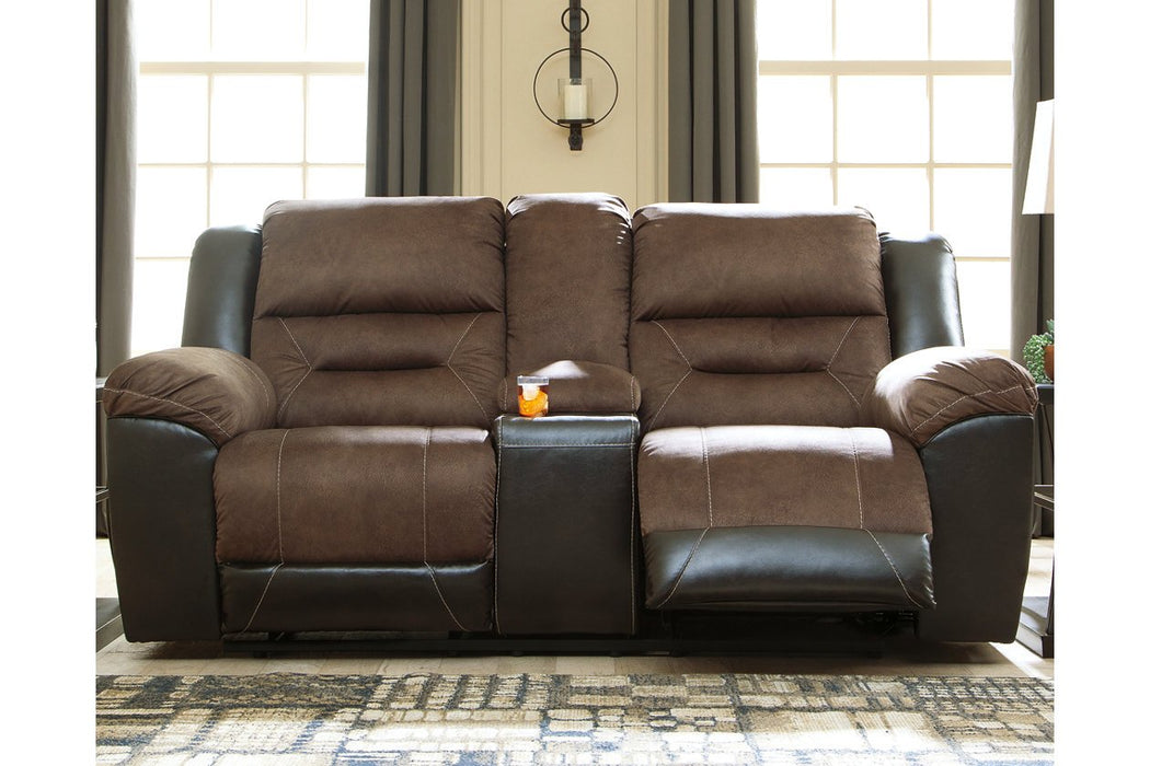 Earhart Chestnut Reclining Loveseat with Console - Lara Furniture