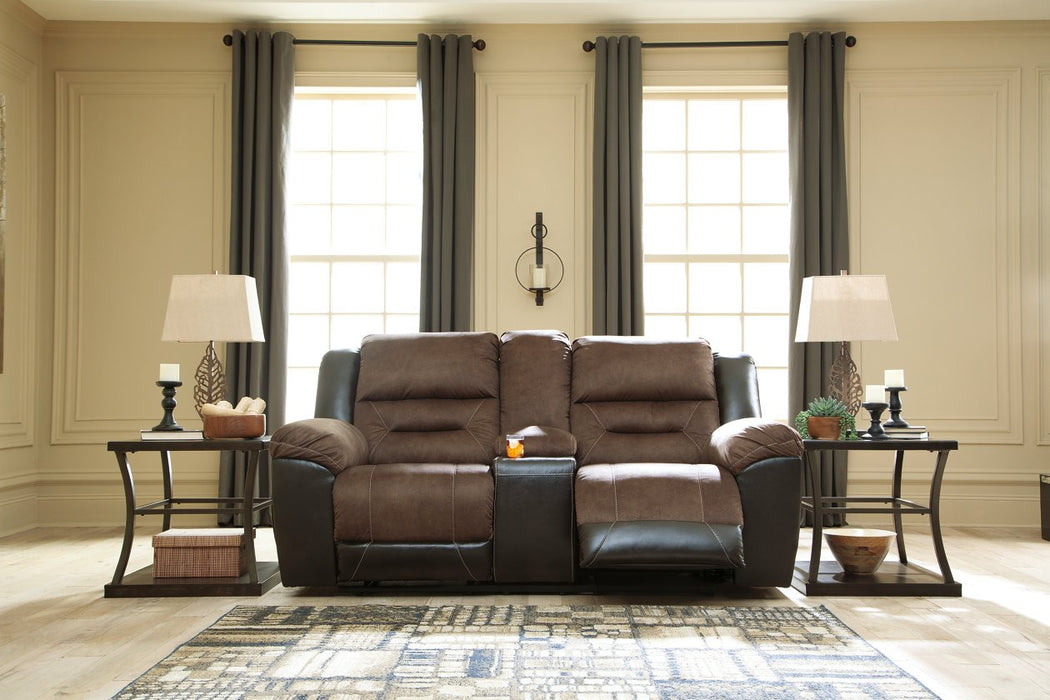 Earhart Chestnut Reclining Loveseat with Console - Lara Furniture