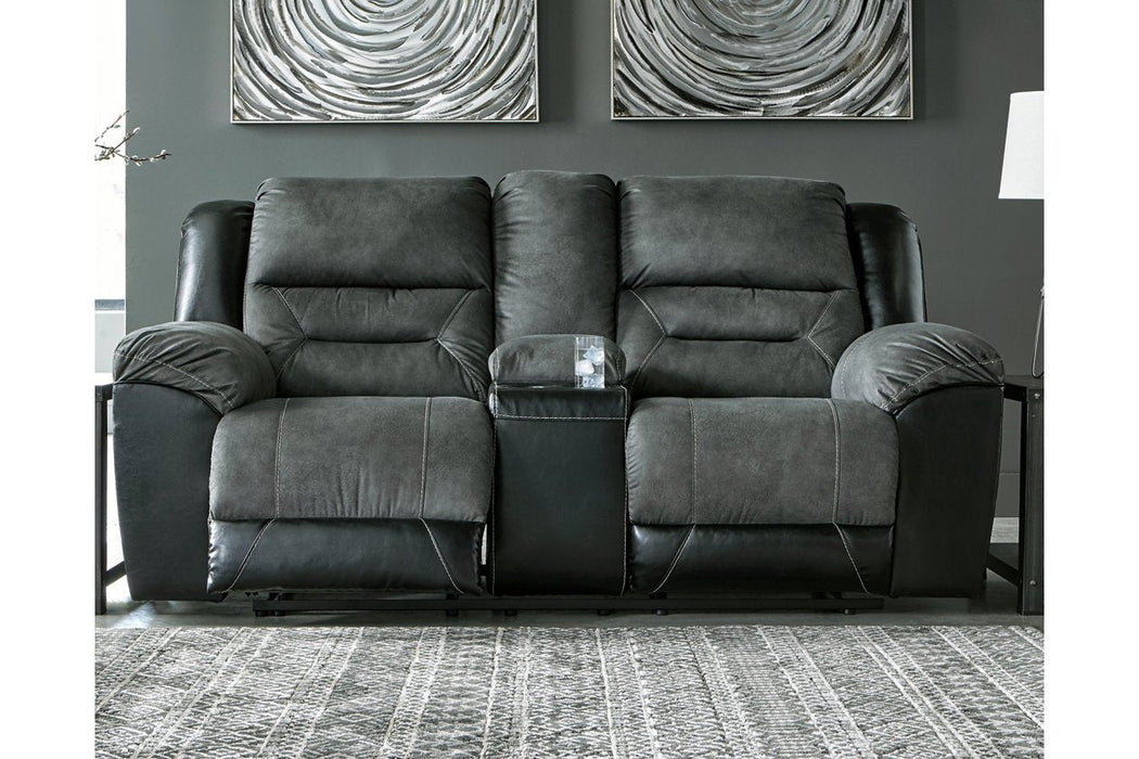 Earhart Slate Reclining Loveseat with Console - Lara Furniture