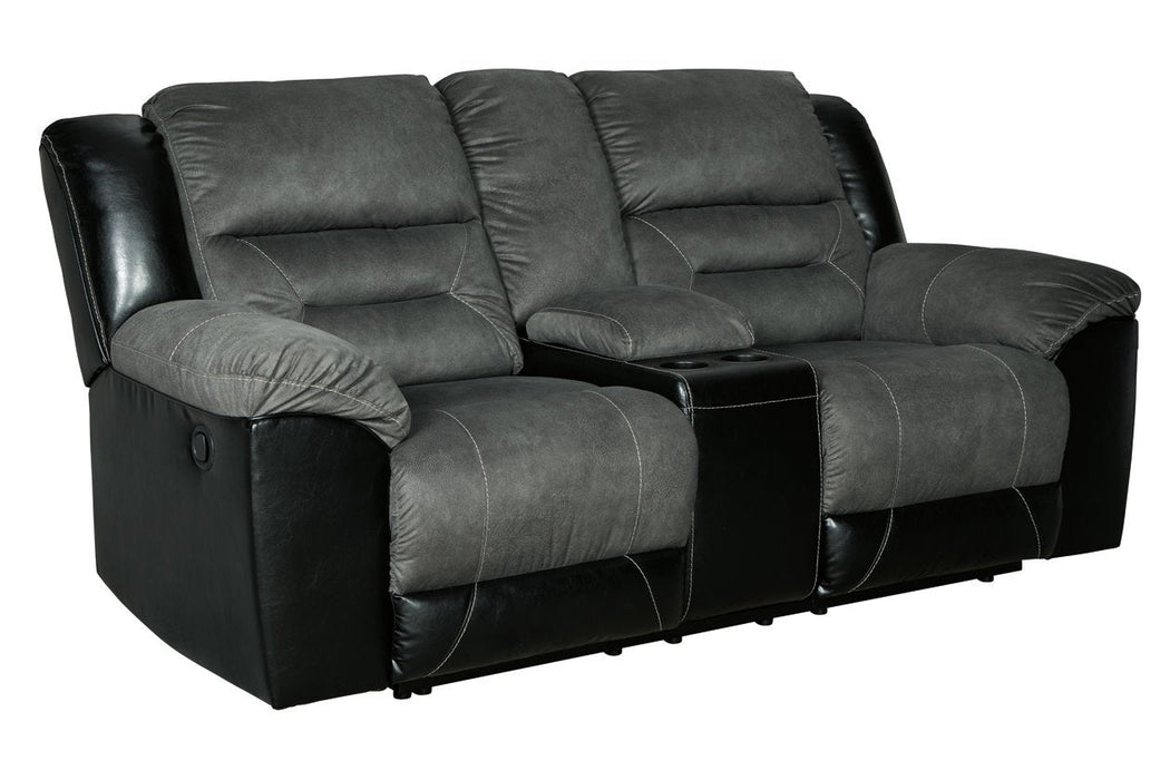 Earhart Slate Reclining Loveseat with Console - Lara Furniture