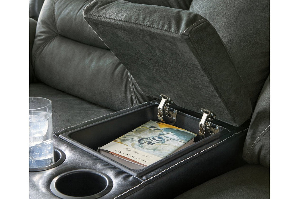 Earhart Slate Reclining Loveseat with Console - Lara Furniture