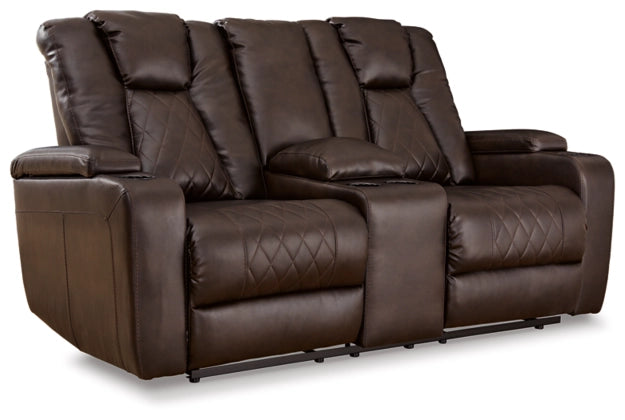 Mancin Chocolate Reclining Loveseat with Console