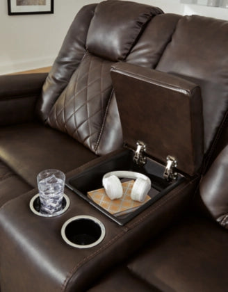 Mancin Chocolate Reclining Loveseat with Console