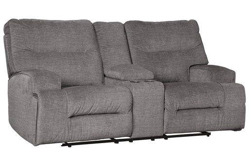 Coombs Charcoal Reclining Loveseat with Console - Lara Furniture