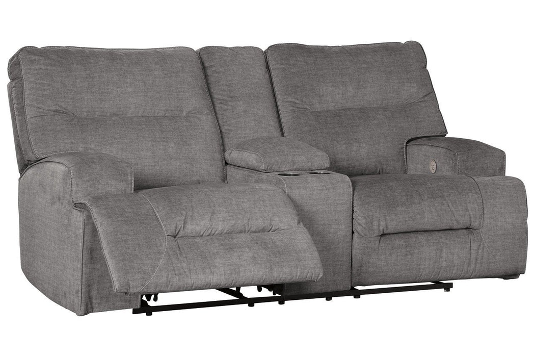 Coombs Charcoal Power Reclining Loveseat with Console - Lara Furniture