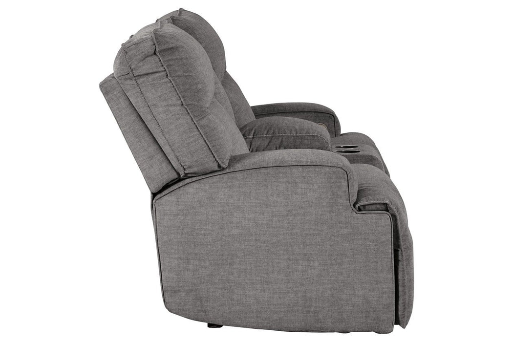 Coombs Charcoal Power Reclining Loveseat with Console - Lara Furniture