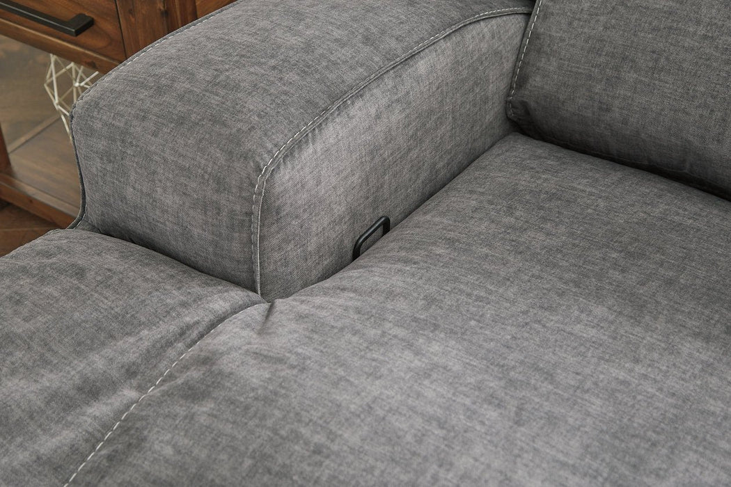 Coombs Charcoal Reclining Loveseat with Console - Lara Furniture