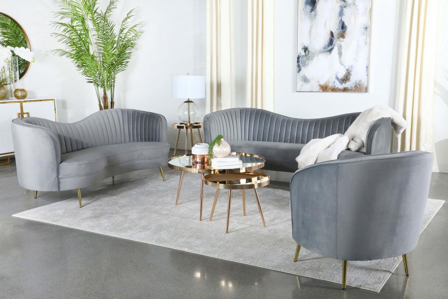 Sophia  Upholstered Living Room Set with Camel Back Grey and Gold